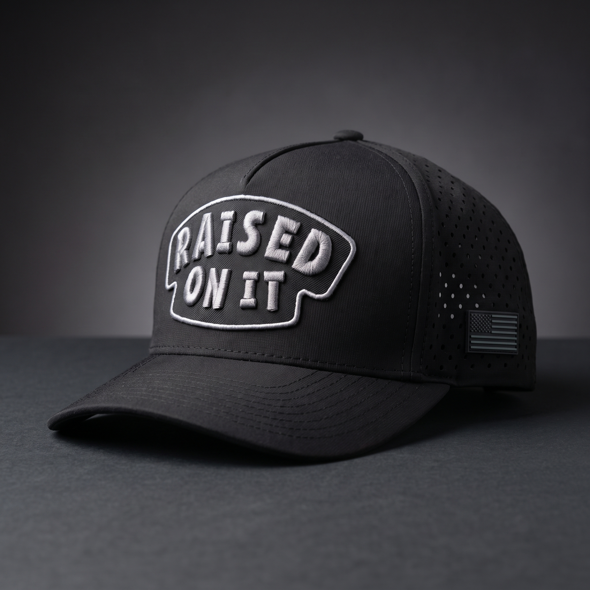 Raised On It America 250 Blackout performance hat, lifestyle