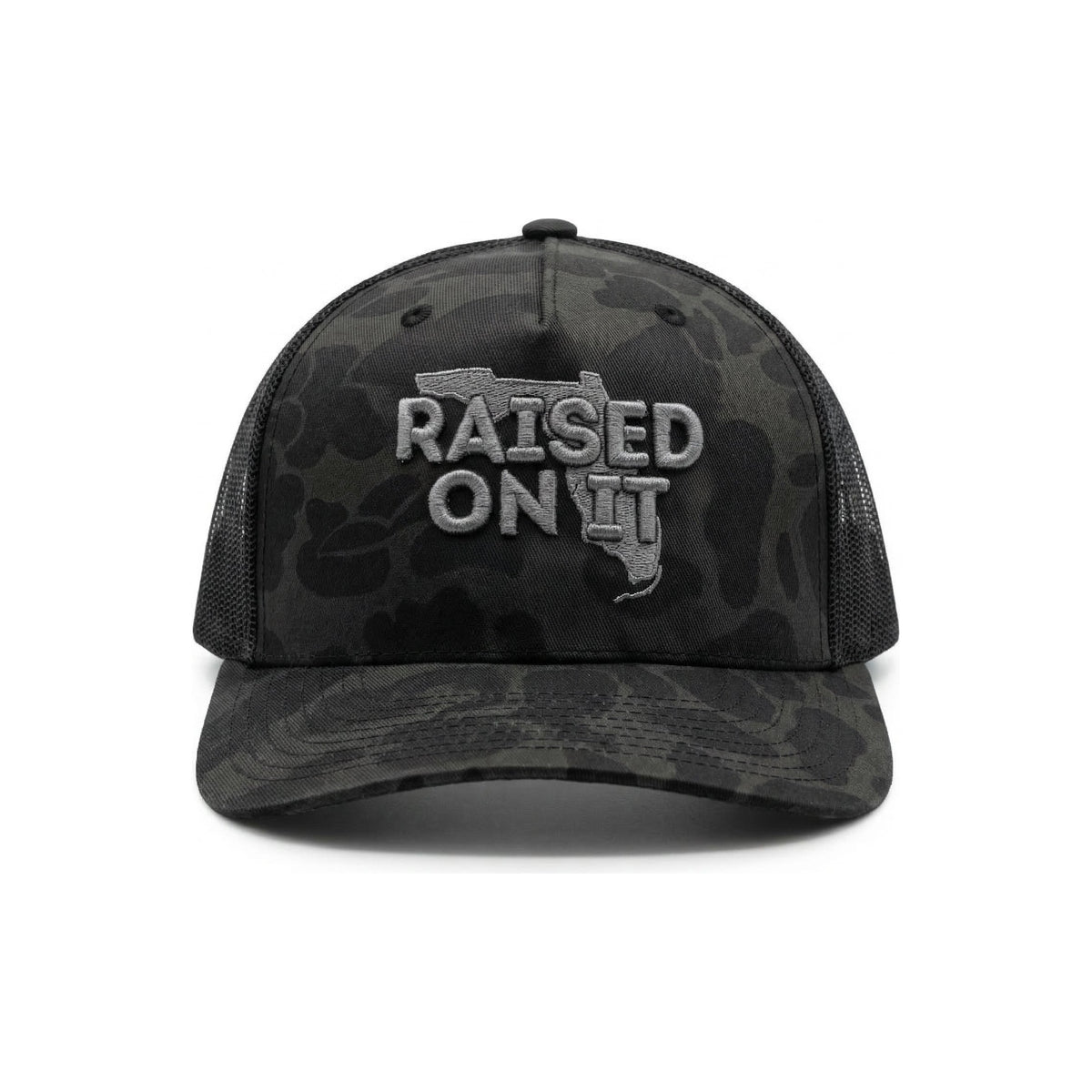 Raised On It Florida Logo embroidered trucker hat in Silver Camo (black duck camo, grey stitch)