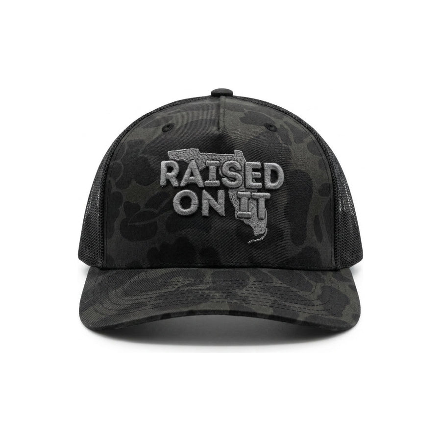 Raised On It | Florida Logo Embroidered Trucker — Silver Camo