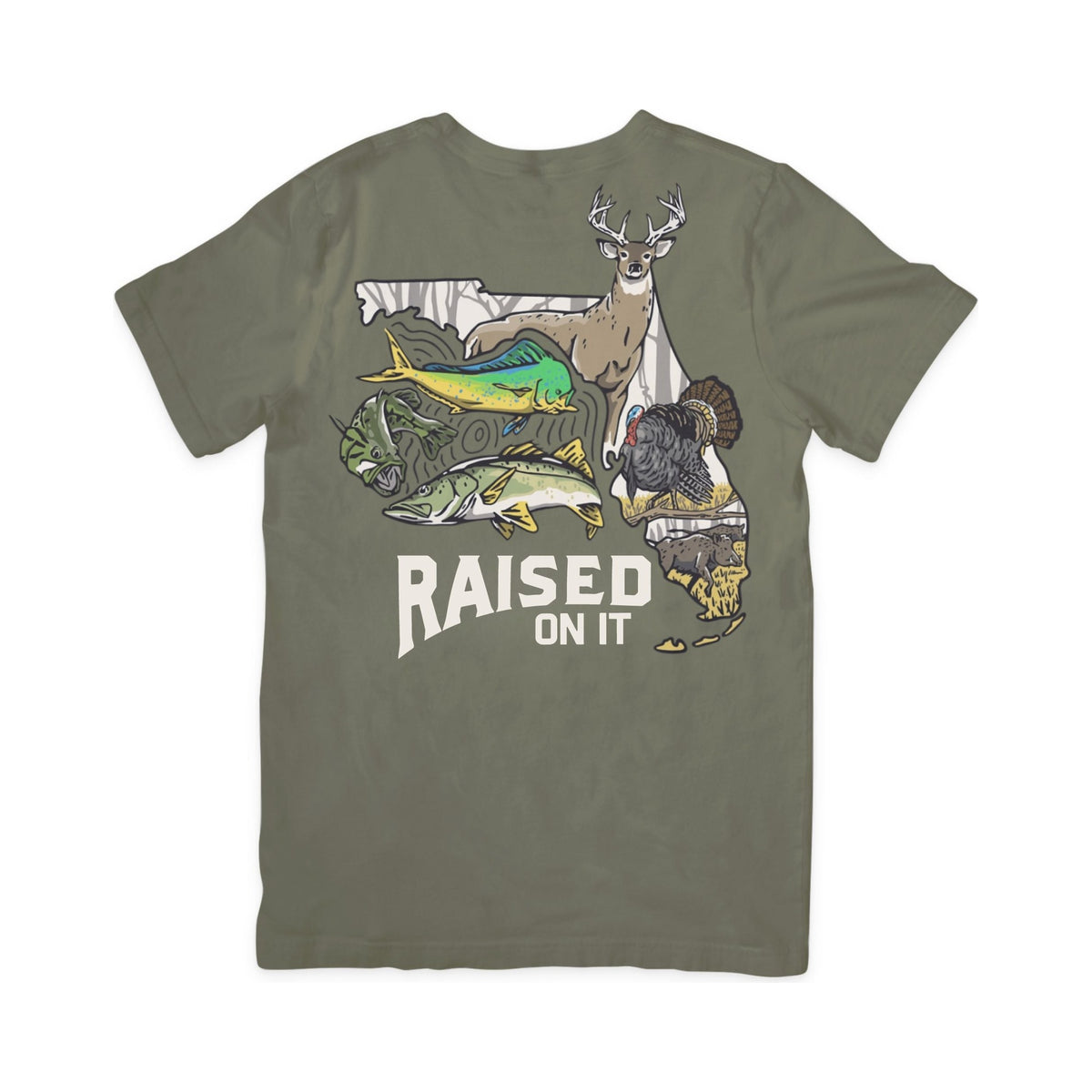 Florida Sportsman Tee in olive, full back print: buck, turkey, hog, bass, snook and mahi in the Florida state outline