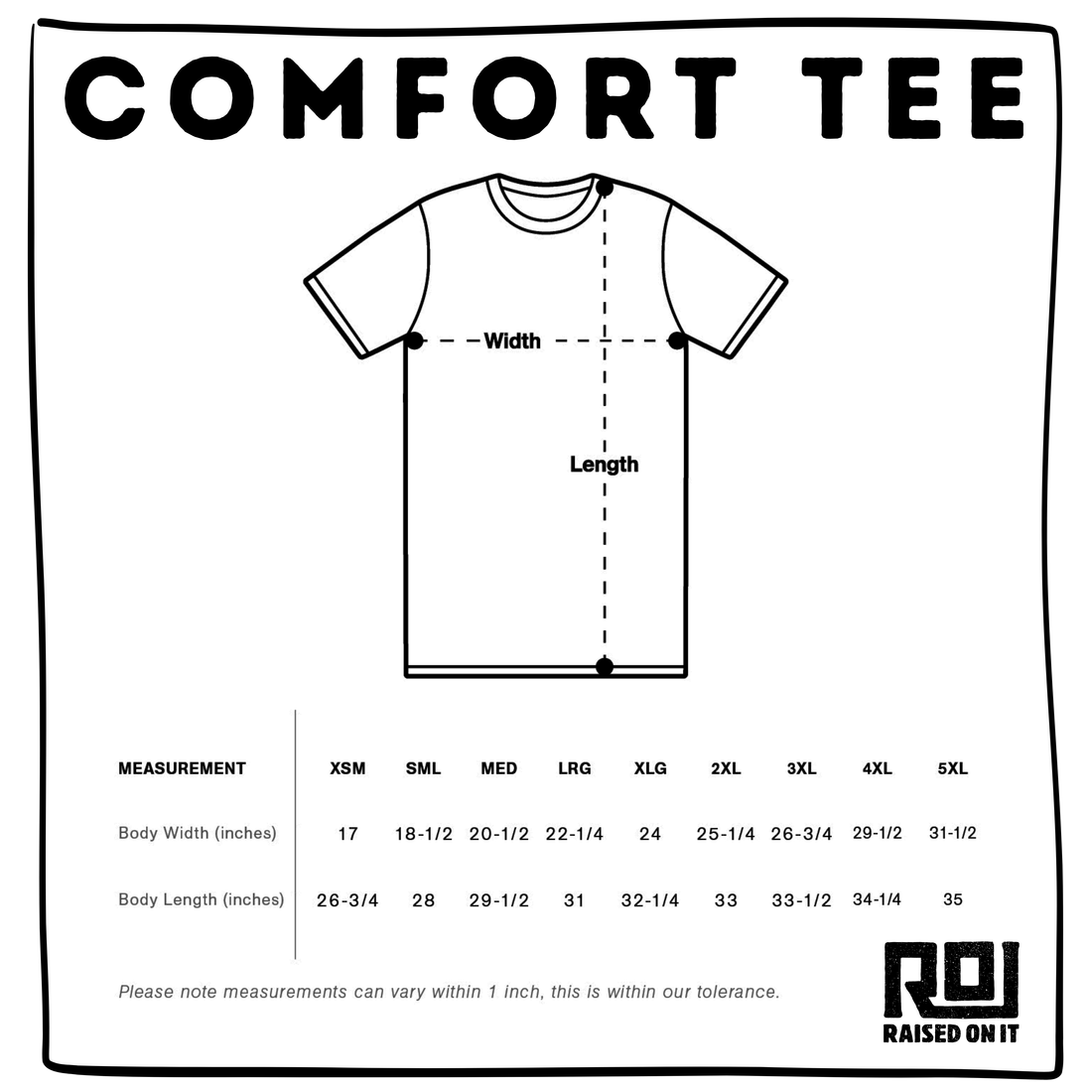 All American Summer Tee size chart