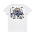 Youth Florida Cowboy Tee in white, back view with the full Bunk Baxter scene print